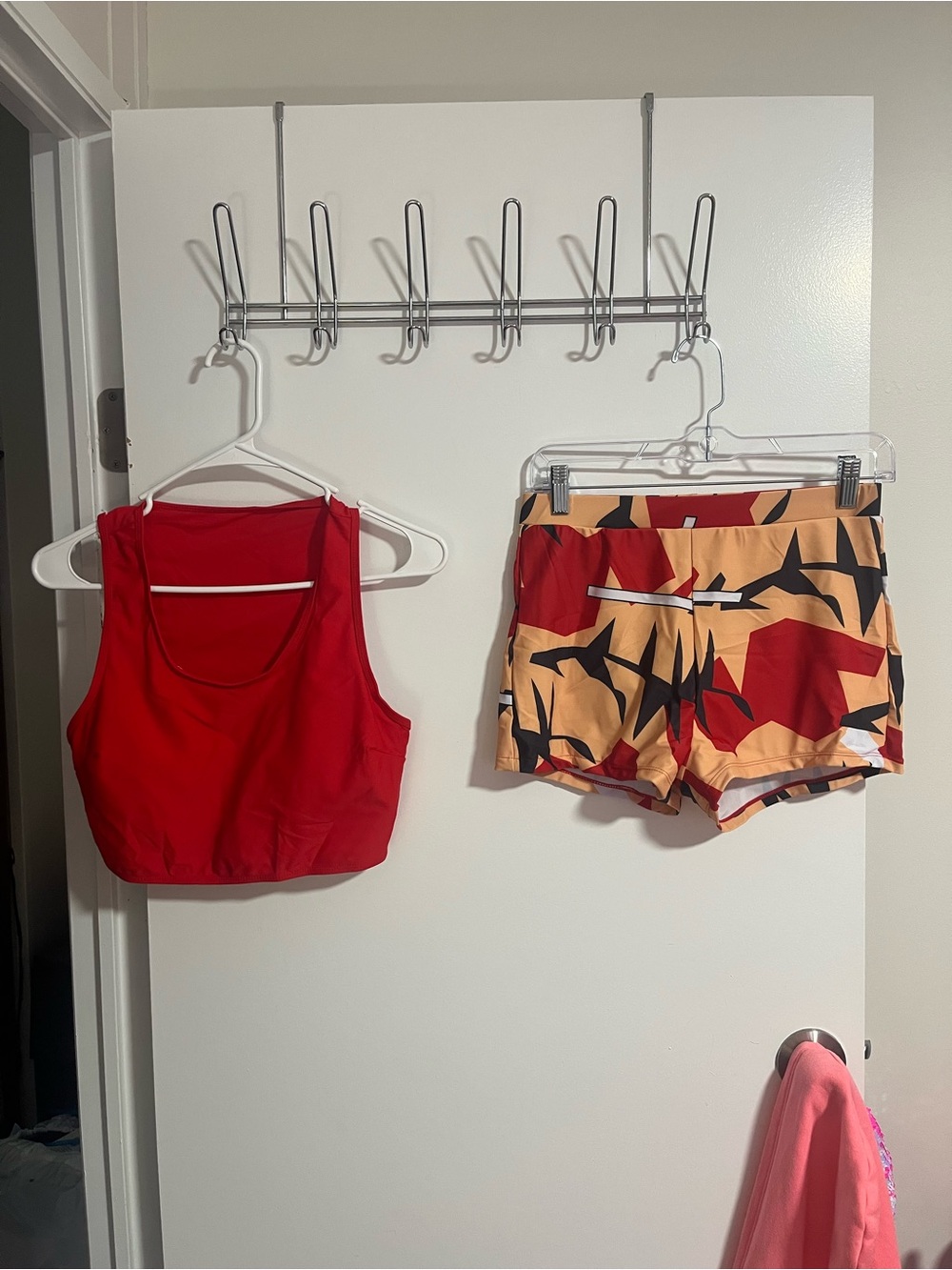 Amazon Red Crop Sports Bra Bikini Top with Abstract Patterned Swim Shorts Size L